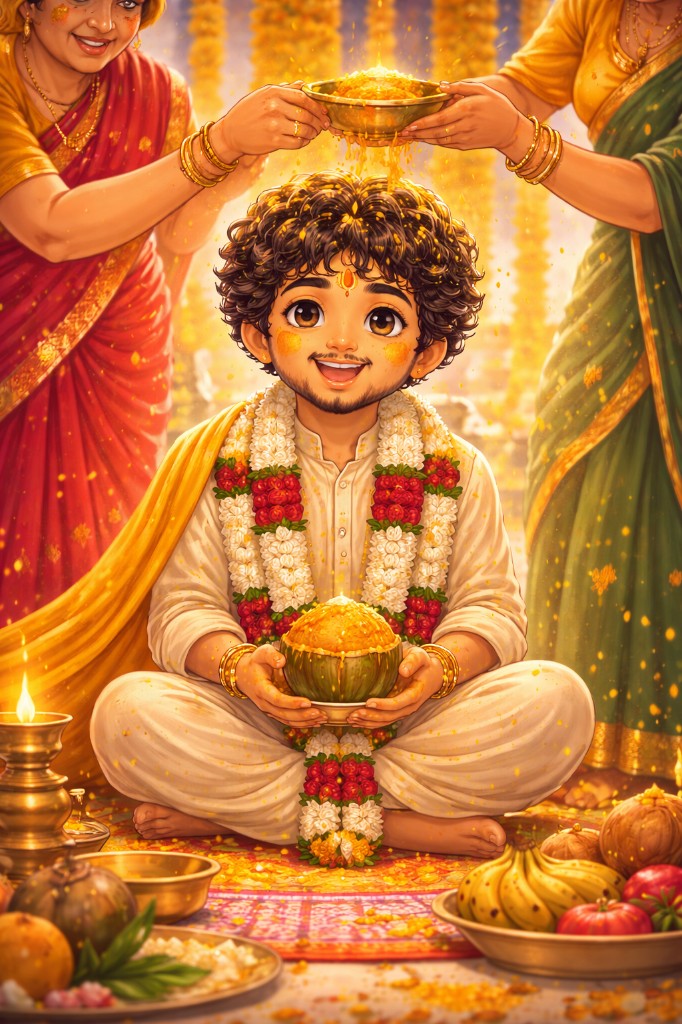 Illustration of the groom’s pellikoduku ceremony with turmeric, garlands, and family.