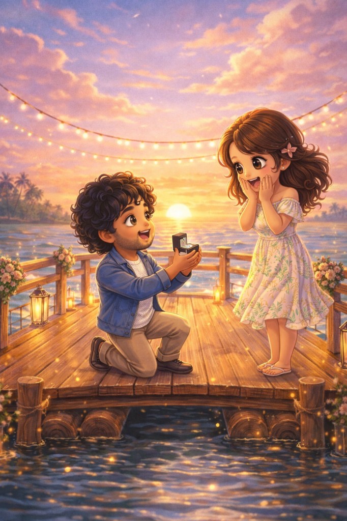 Illustration of a sunset proposal on a pier with the ocean and fairy lights.