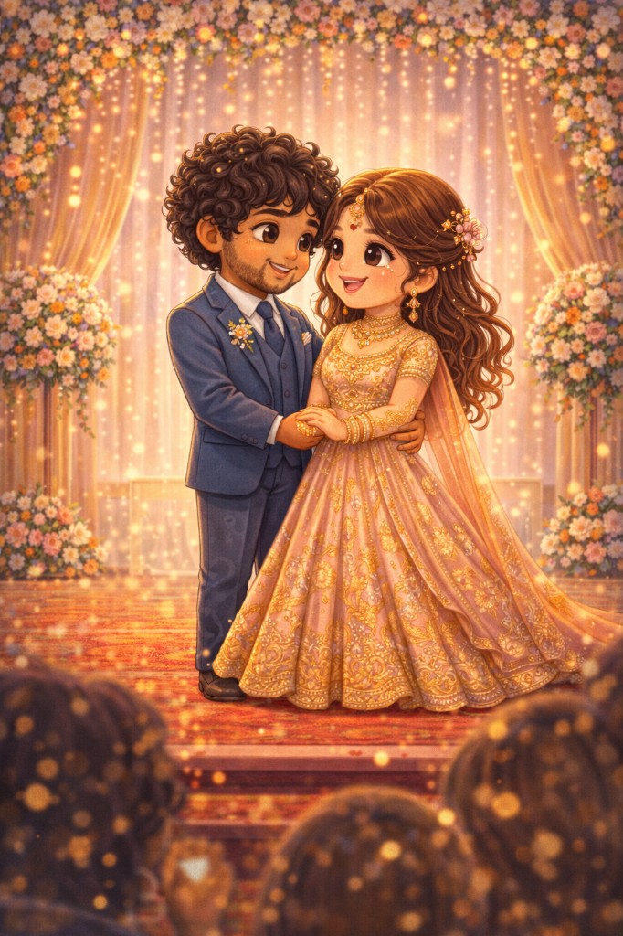 Illustration of the couple on a decorated reception stage with flowers and lights.